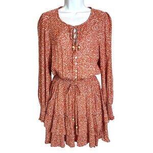 Kivari Playdress Smocked Ruffle Mini Dress  Size 6  Coral Ditsy Floral